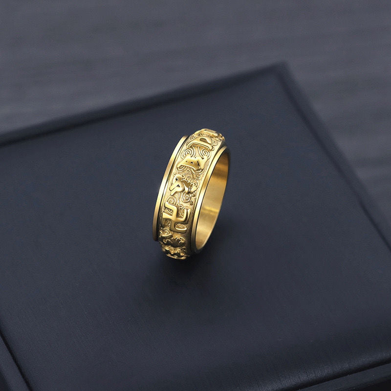 Men's Titanium Steel Stainless Swastika Heart Sutra Auspicious Cloud National Rings