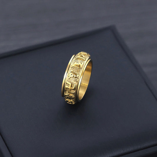 Men's Titanium Steel Stainless Swastika Heart Sutra Auspicious Cloud National Rings