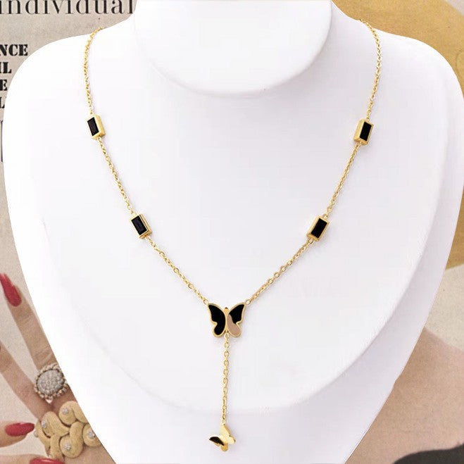 Women's Steel Black Butterfly Tassel Square Zircon Clavicle Necklace