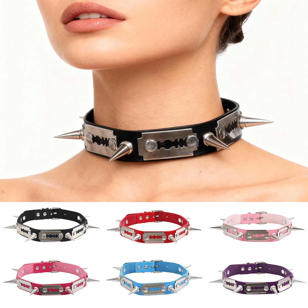 Leather Gothic Punk Razor Blade Fashion Necklace