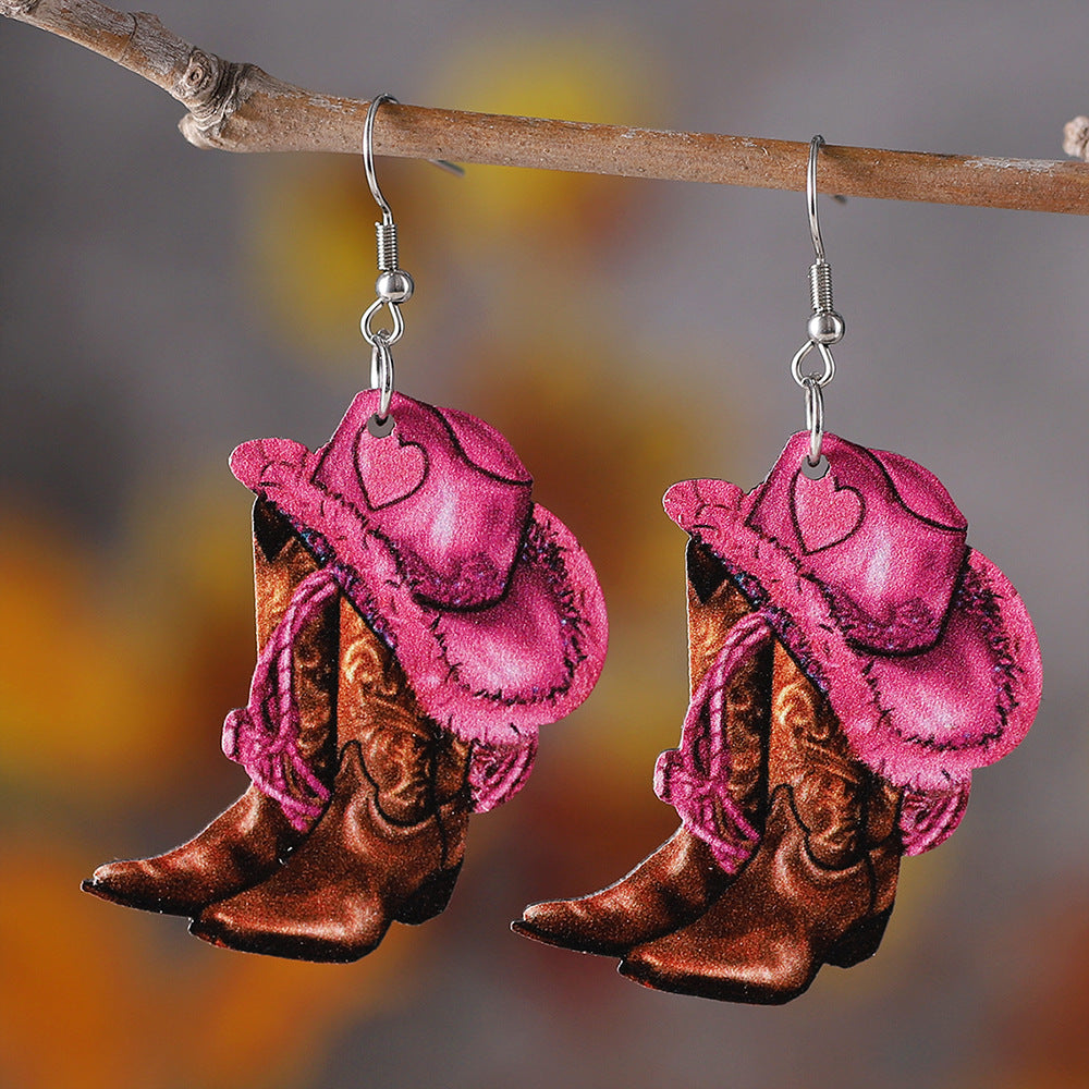 Women's Western Style Pink Denim Hat Cowboy Earrings