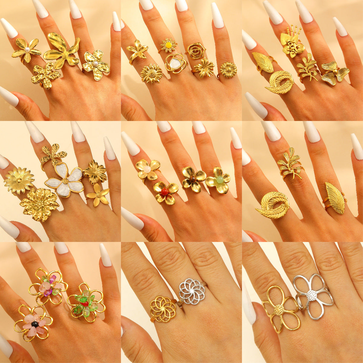 Steel Flower Leaf Female Exaggerated Personalized Hollow Ring