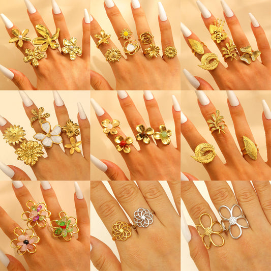 Steel Flower Leaf Female Exaggerated Personalized Hollow Ring