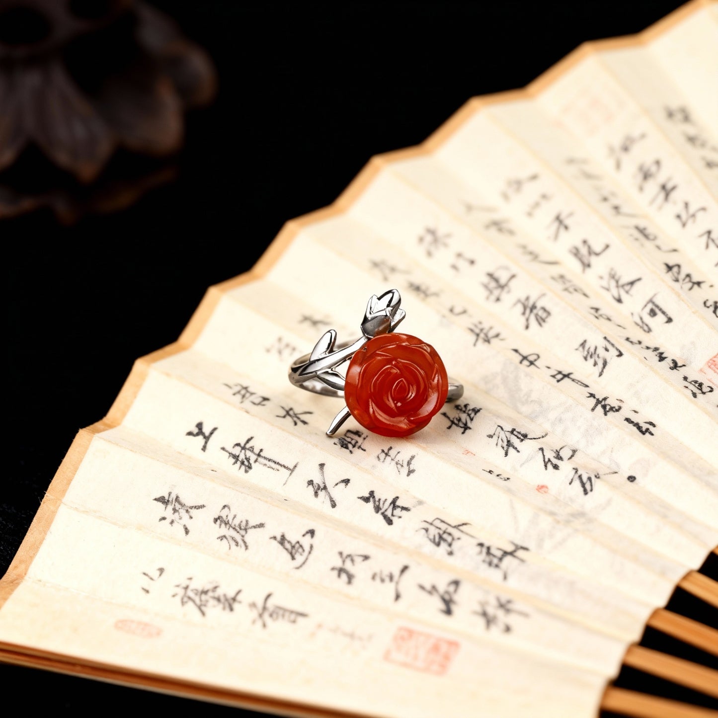 Inlaid White Jade Rose Carved Flower Open Index Finger Female Rings
