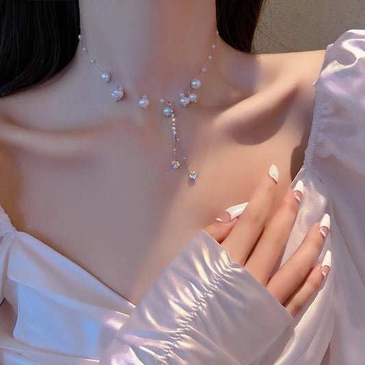 Women's Zircon Tassel High-grade Vintage Pearl Fishline Clavicle Chain Necklace