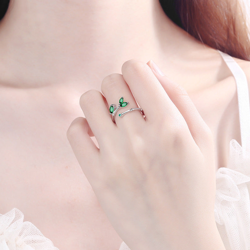 Fresh Green Leaf Bamboo Female Fashion Simple Bud Leaves Open Rings