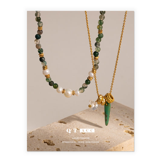 Fashionable Exquisite Twin Light Luxury Green Phantom Natural Real Pearl Necklaces