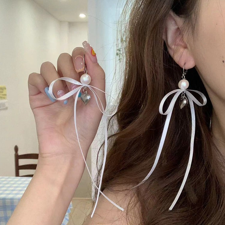 Niche Style Ribbon Bowknot Love Pink White Earrings