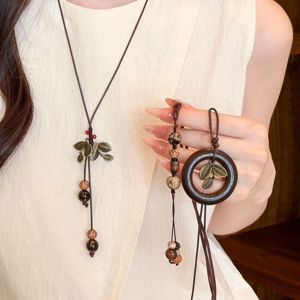 Women's Style Wooden Metal Leaf Braided Rope Ethnic Necklace