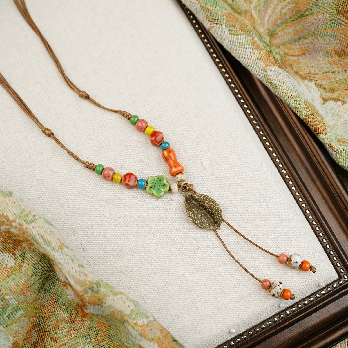 Colorful Beaded Ceramic Butterfly Braided Rope Chinese Ethnic Retro Light Necklaces