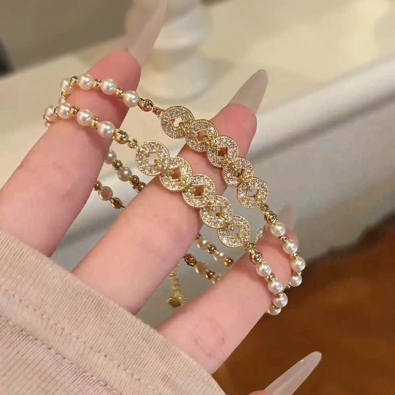 Women's Five Emperors Coin Pearl High Sense Mush Ice Niche Beaded Bracelet