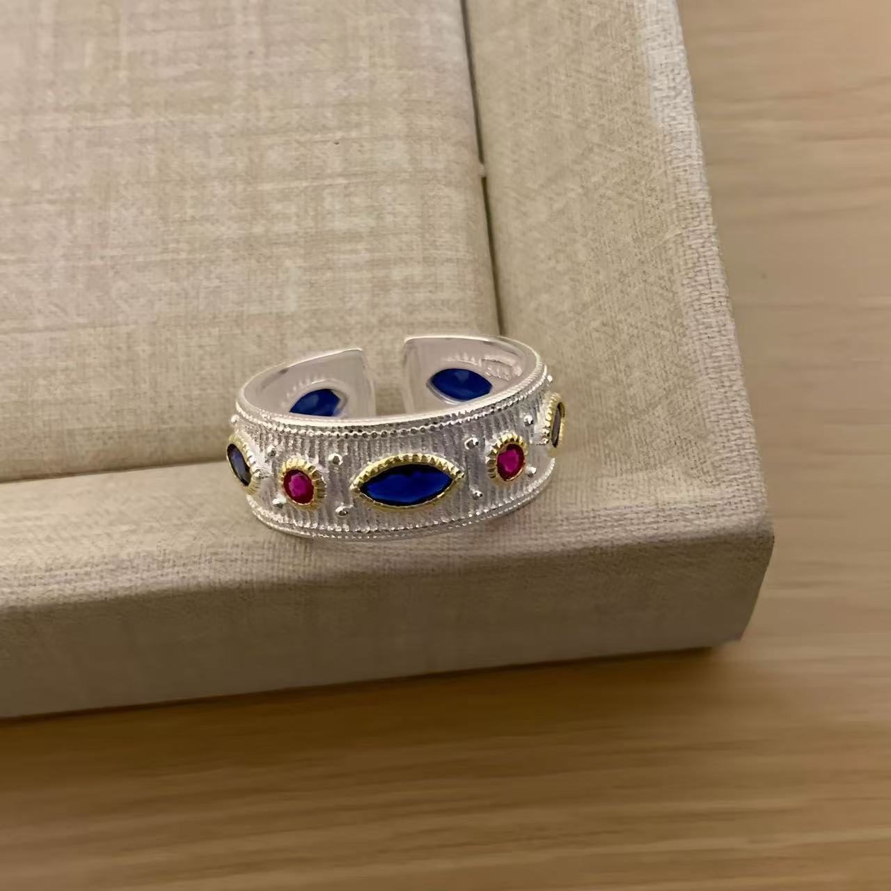 Korean Style Blue Cross Lace Niche Color Zirconium Ring