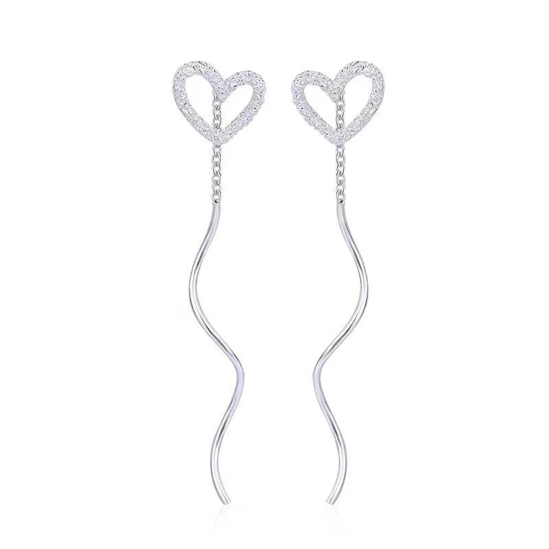 Sterling Sier Sparkling Hollow Frosted Heart Wavy Threads Stylish Graceful Ear Line