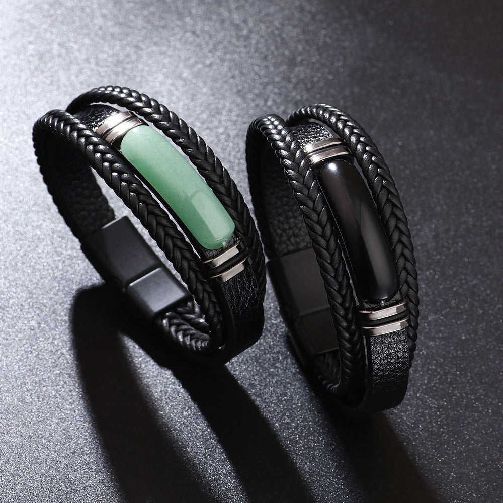 Men's Leather Green Aventurine Stone Hand-woven Stainless Bracelets