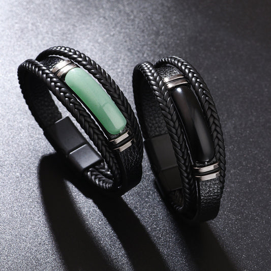 Men's Leather Green Aventurine Stone Hand-woven Stainless Bracelets