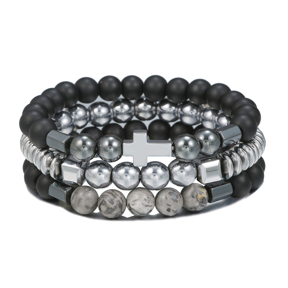 Men's Haematite Cross Beaded White Volcanic Stone Bracelets