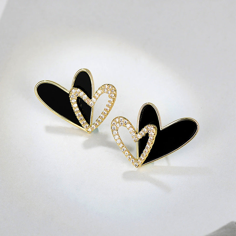 Women's Korean Style Black Heart Shape Diamond Love Fashion Double Earrings