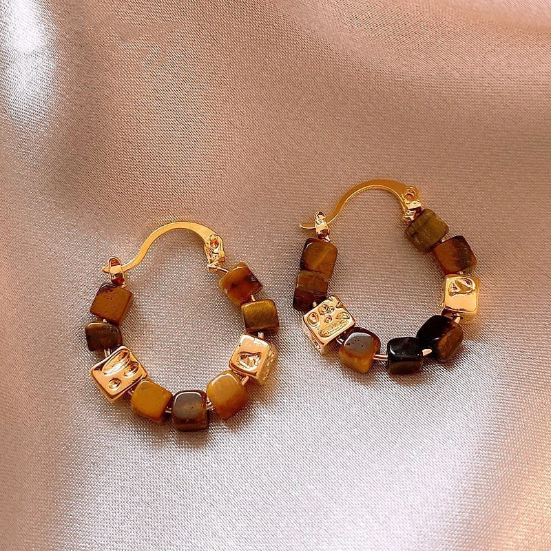 Sense Tigereye Clip Light Luxury Niche Hoop Patchwork Ear Buckle