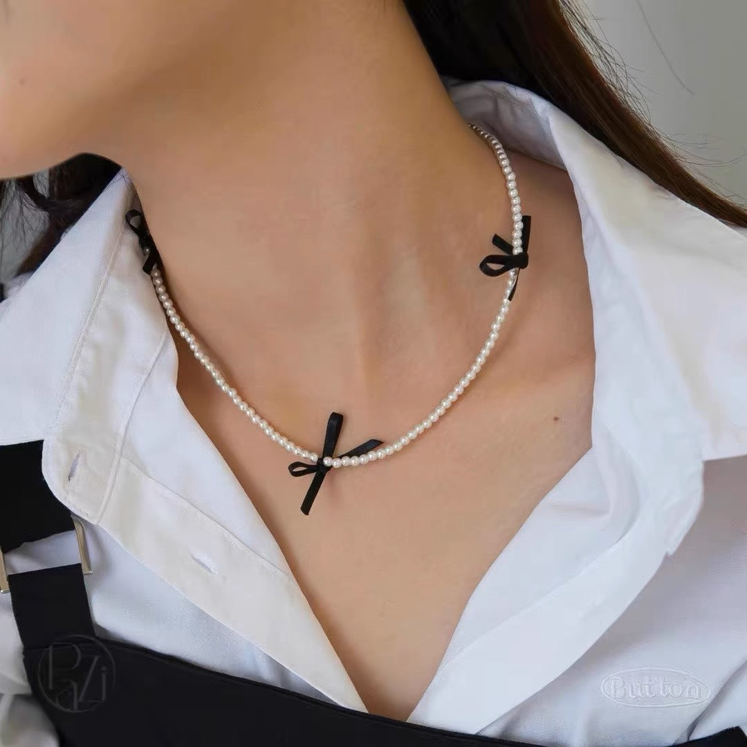 Bow String Pearl Female Temperament Titanium Necklaces