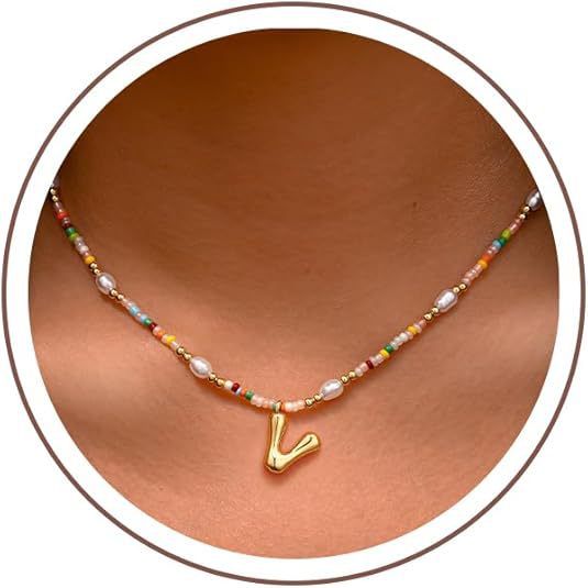Best-selling Bubble Gold English Letter Color Small Beads Pearl Necklace