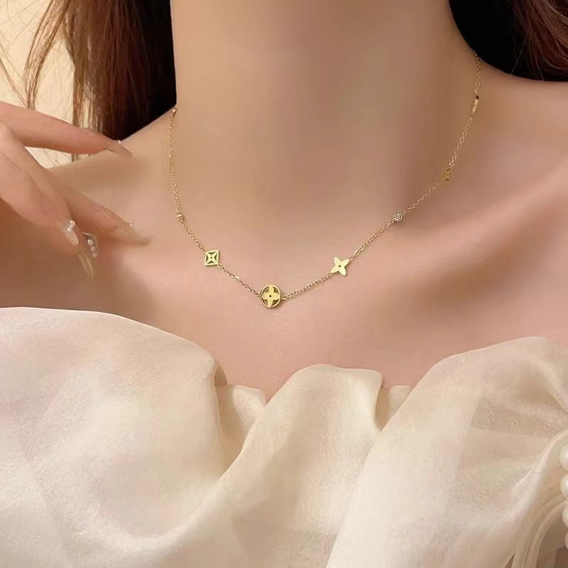 Women's Fashion High-grade Clover Diamond Titanium Steel Gold Necklace