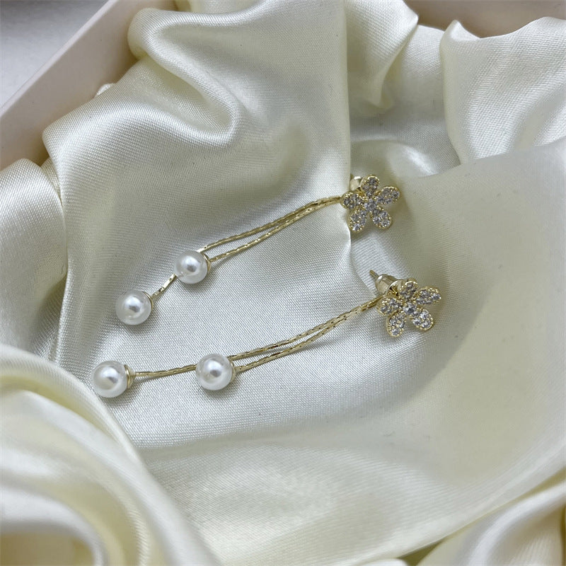For Pearl Flower Inlaid Zircon Tassel Design Rings