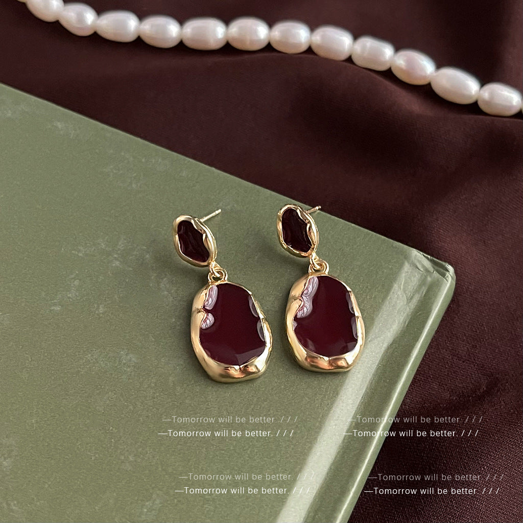 Women's Style Wine Red Enamel Retro Elegant Earrings