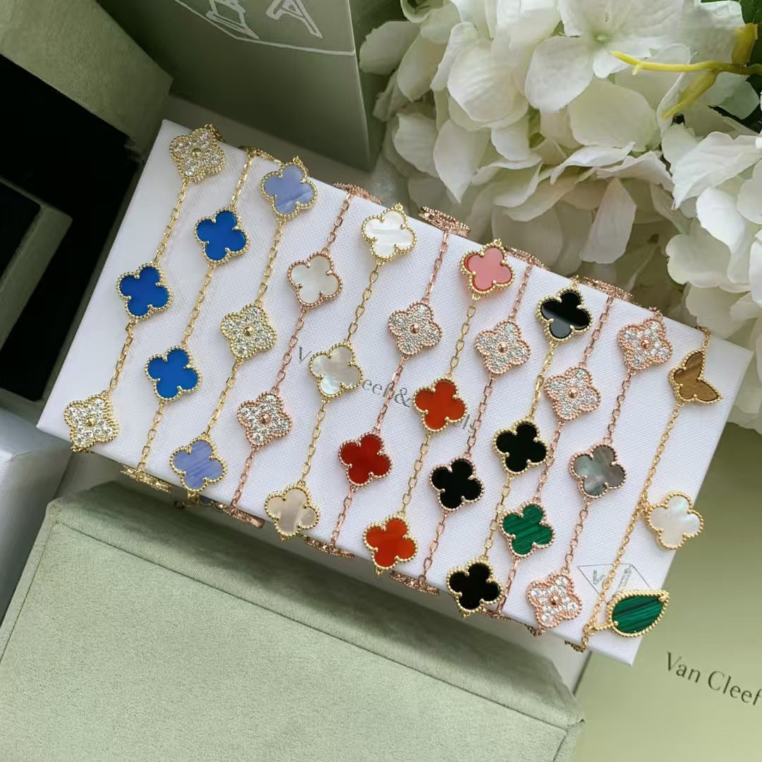Women's Four-leaf Clover Rose Gold Red Agate Black White Shell Flower Bracelet