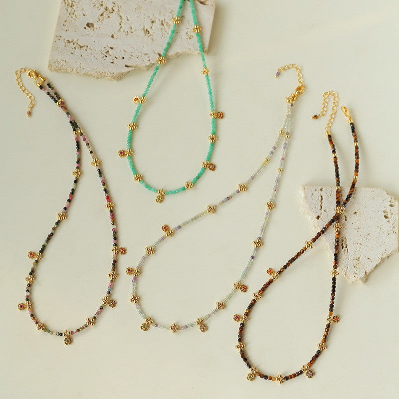 Women's Flower Colorful Natural Stone Tigereye Beaded Necklace