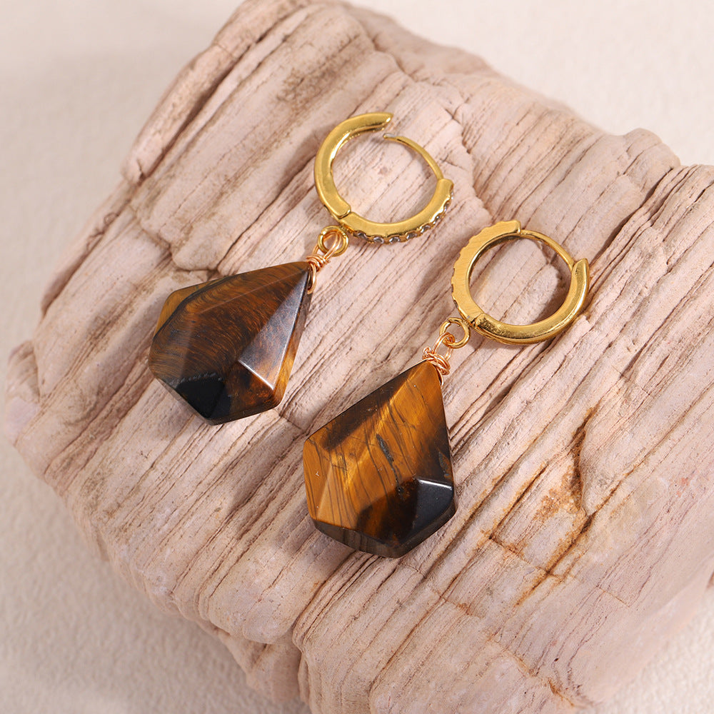 Women's Stainless Steel Waterproof Tigereye Gold Natural Stone Light Earrings