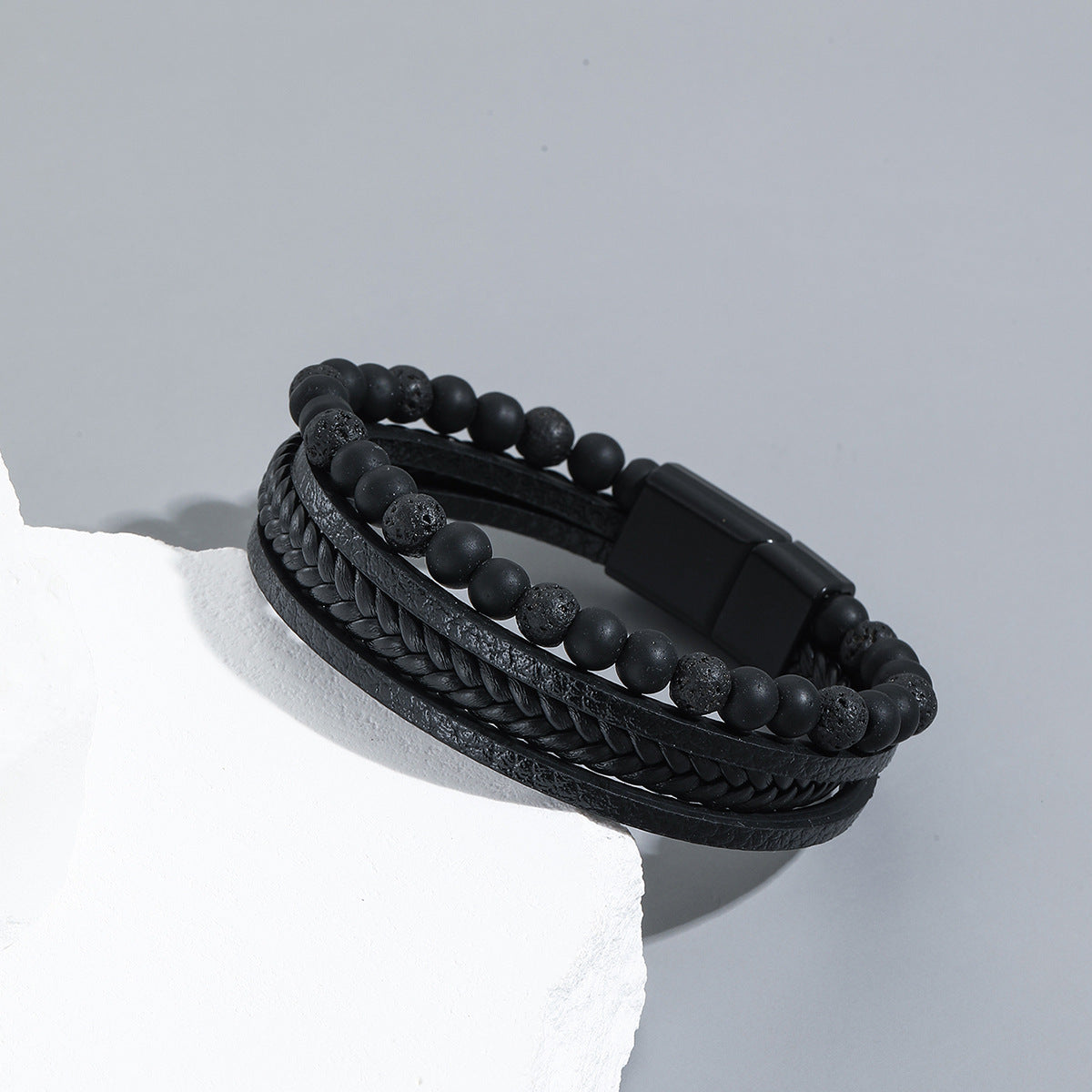 Men's Handmade Weaving Natural Obsidian Beaded Bracelets