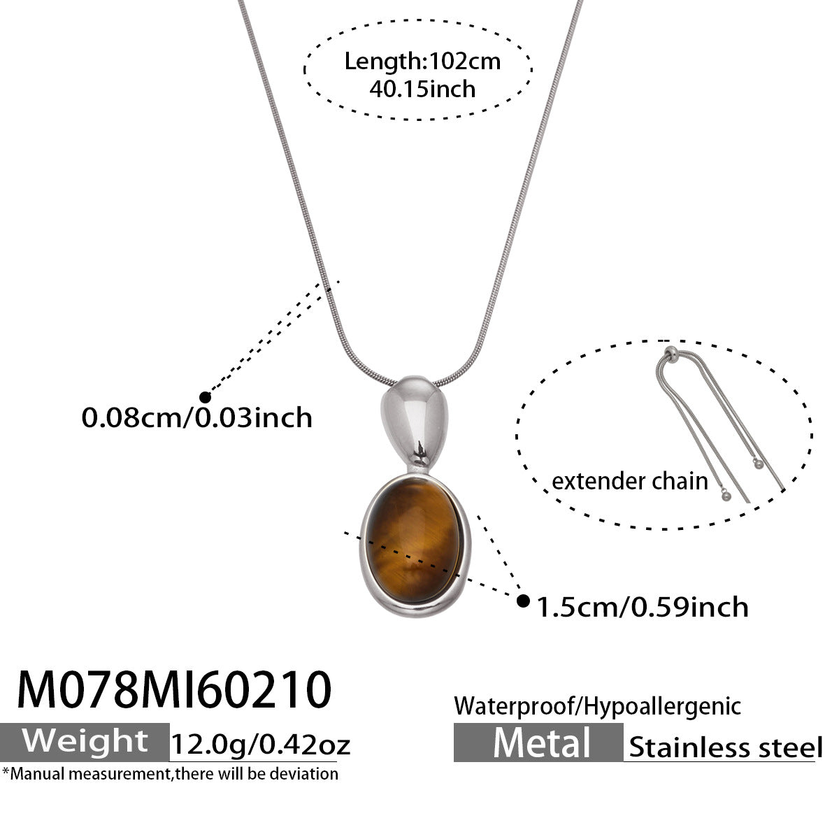 French Retro Oval Tigereye Black Agate Stone Stainless Steel Necklace