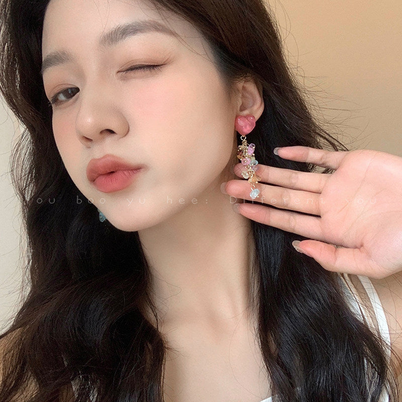 Loving Heart Gravel Tassel Exaggerated Vacation Style Stud Earrings