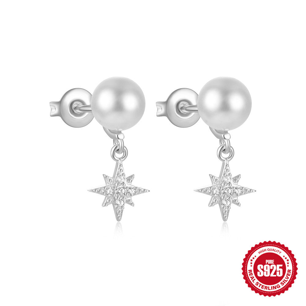 Women's Sier Star Moon Pearl Moonstone Jeweled Earrings