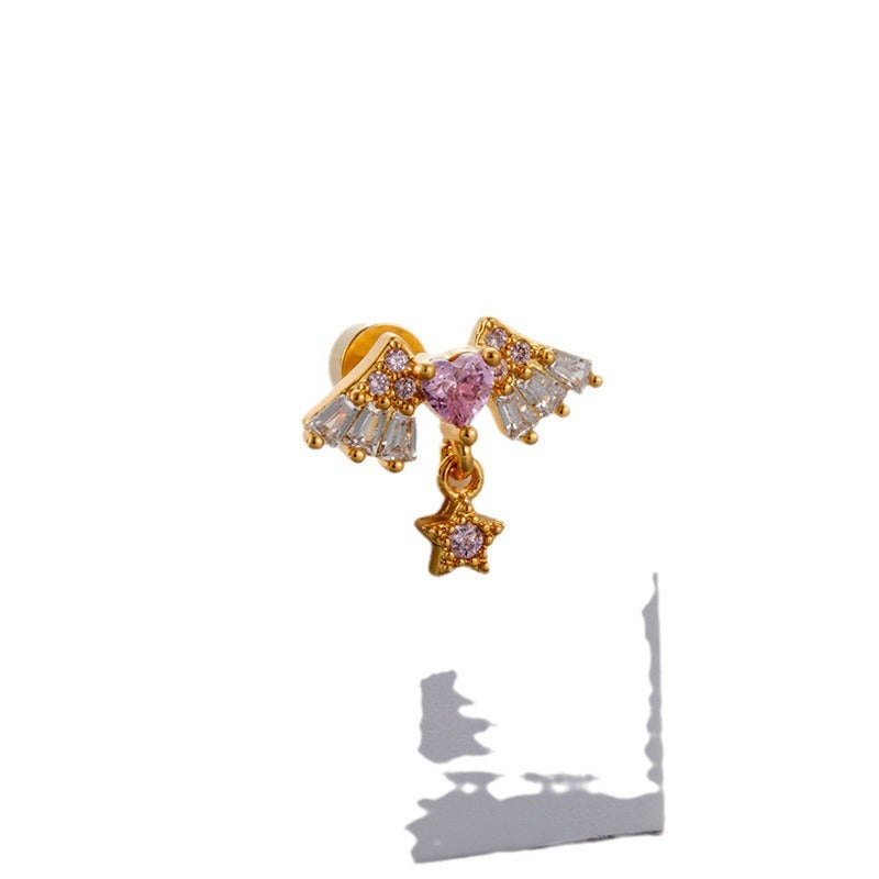 Gold Titanium Steel Ear Bone Angel Wings Loving Heart Earrings