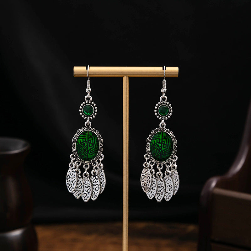 Turquoise Bohemian Palm Owl Bronze Carved Geometric Feather Earrings