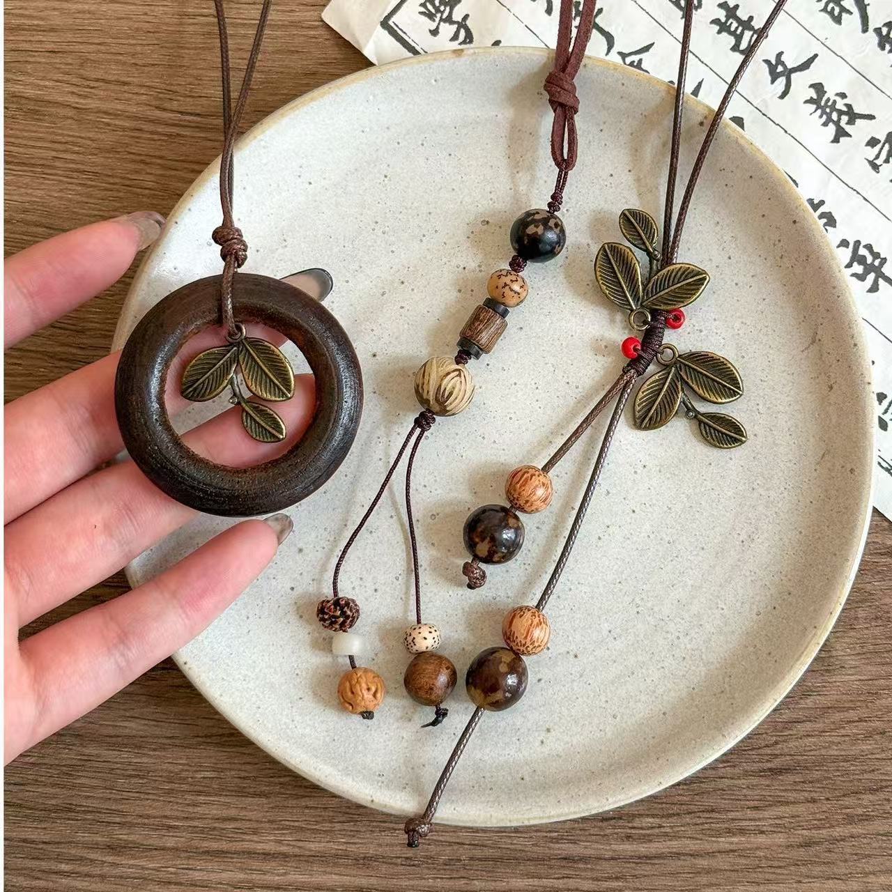 Women's Style Wooden Metal Leaf Braided Rope Ethnic Necklace