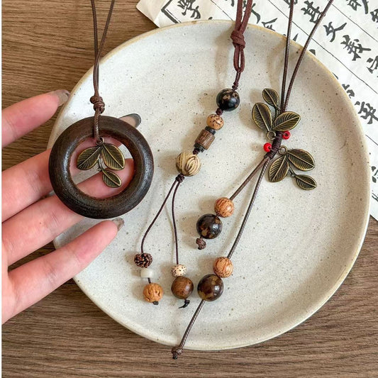 Women's Style Wooden Metal Leaf Braided Rope Ethnic Necklace