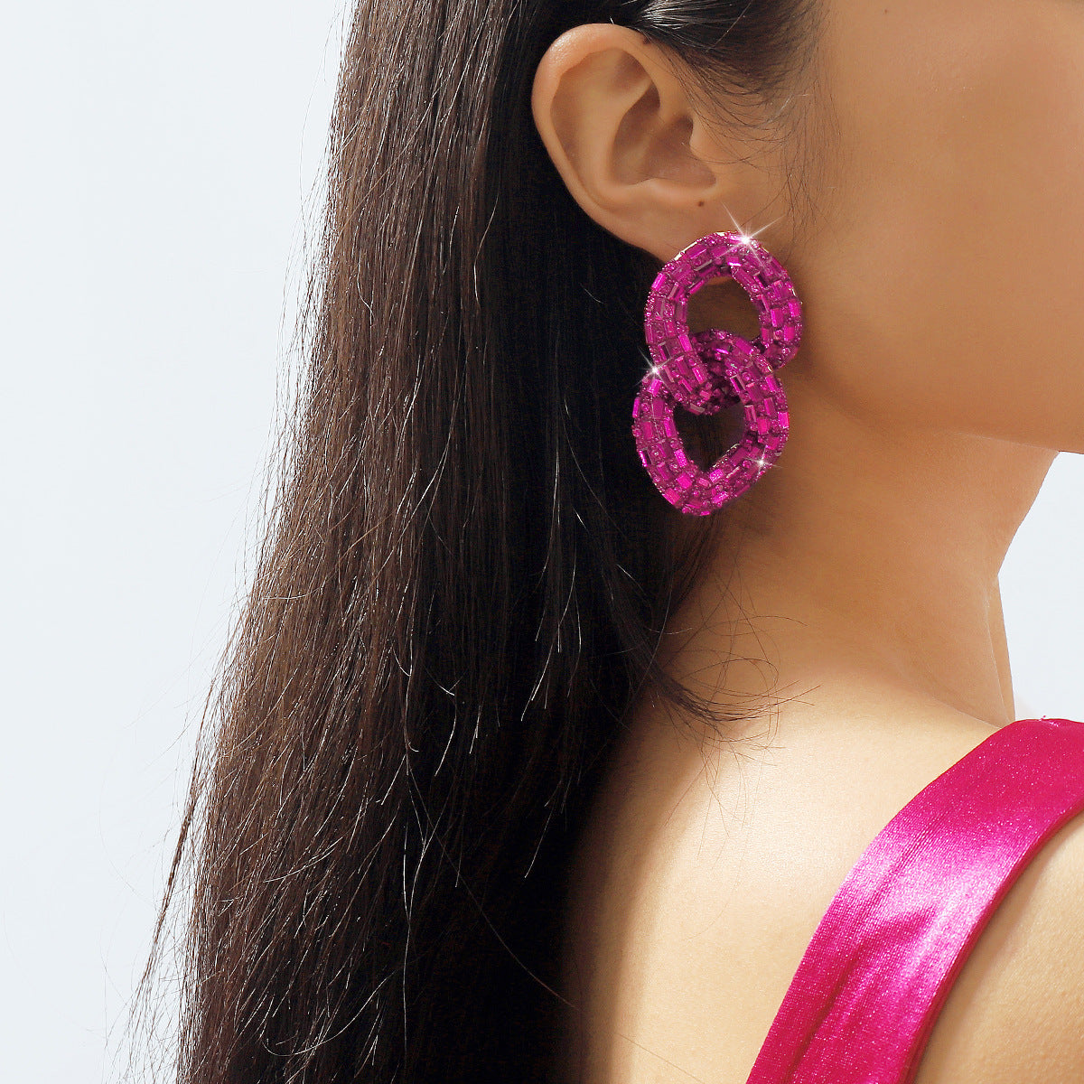 Entry Lux Full Diamond Hollow Exaggerated Geometry Chain Earrings