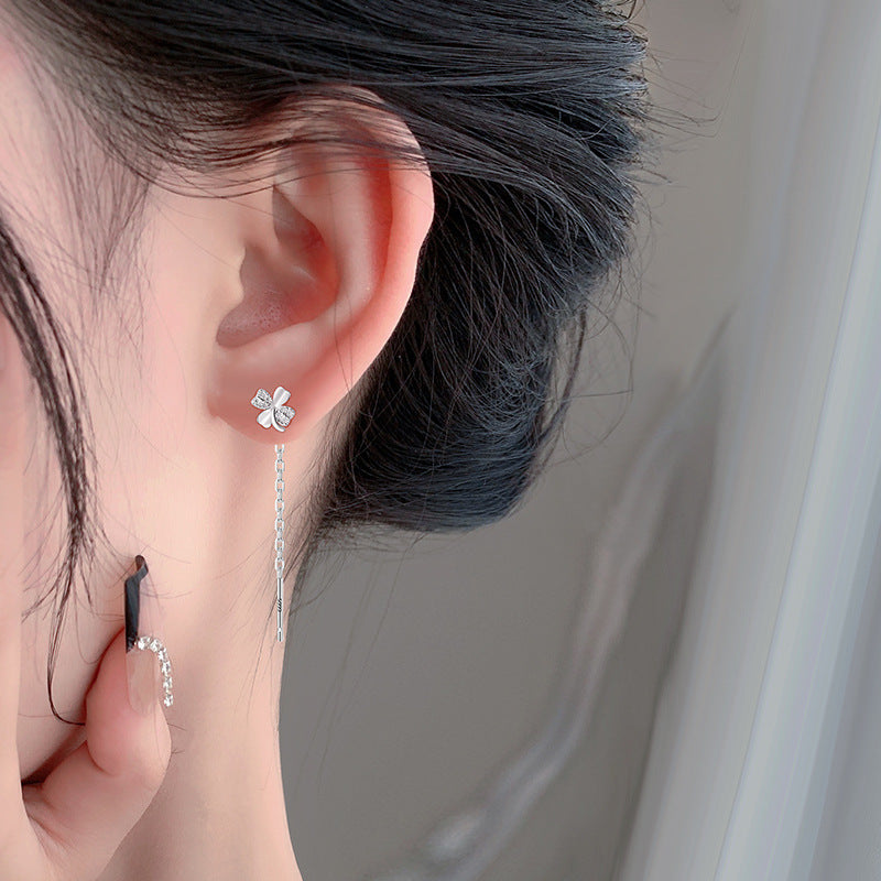Pure Sier Diamond Clover Lines Long Before Sleep Female Four-leaf Earrings