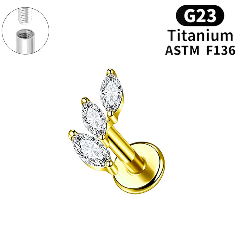 Titanium Alloy Flower Piercing Internal Thread Horse Eye Real Gold Stud Earrings