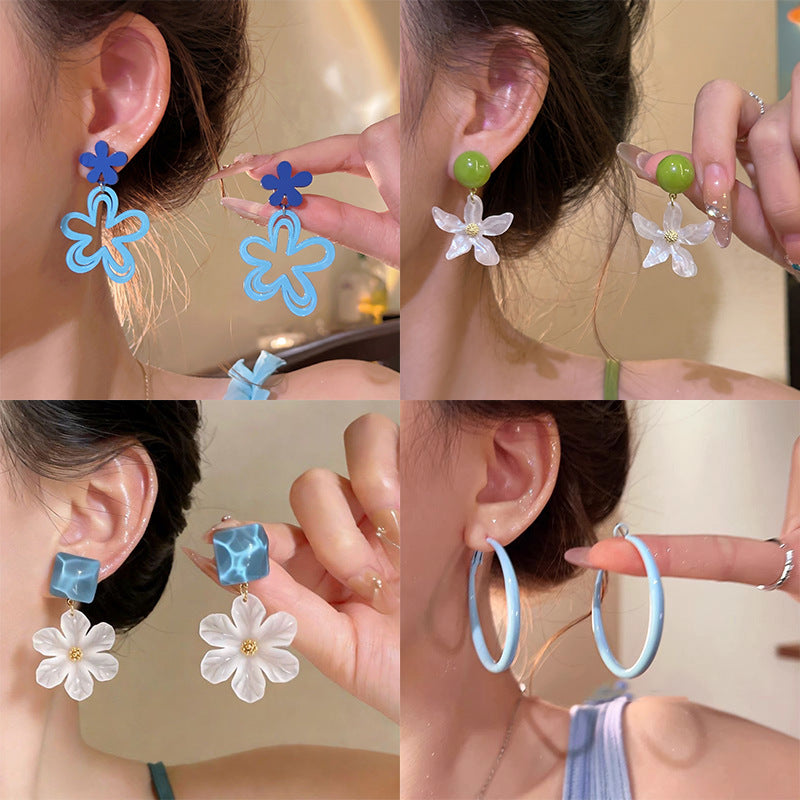 Women's Summer Cold Blue Flower For Seaside Vacation Style Niche Stud Earrings