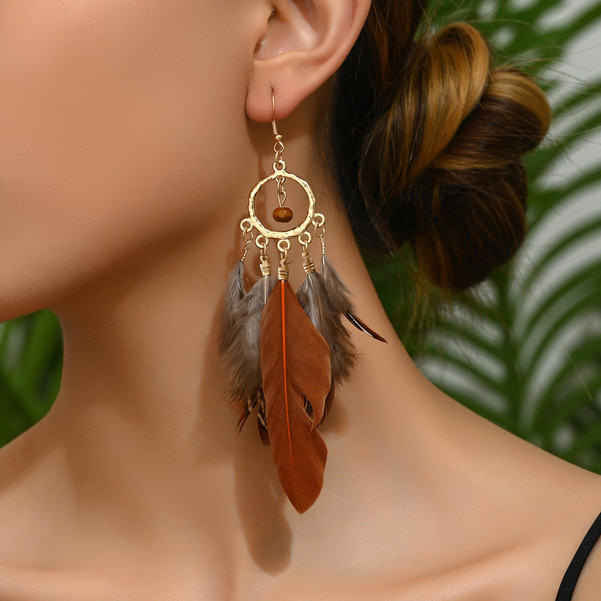 Personality Round Bead Feather Tassel Long Bohemian Earrings