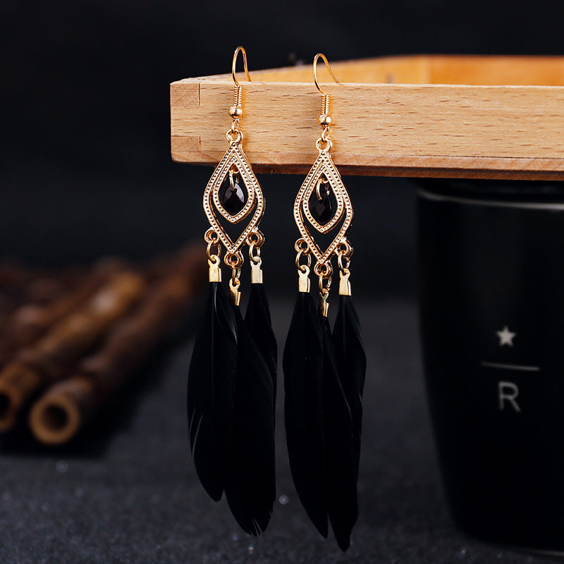 Women's Diamond Alloy Bead Tassel Feather Colorful Earrings