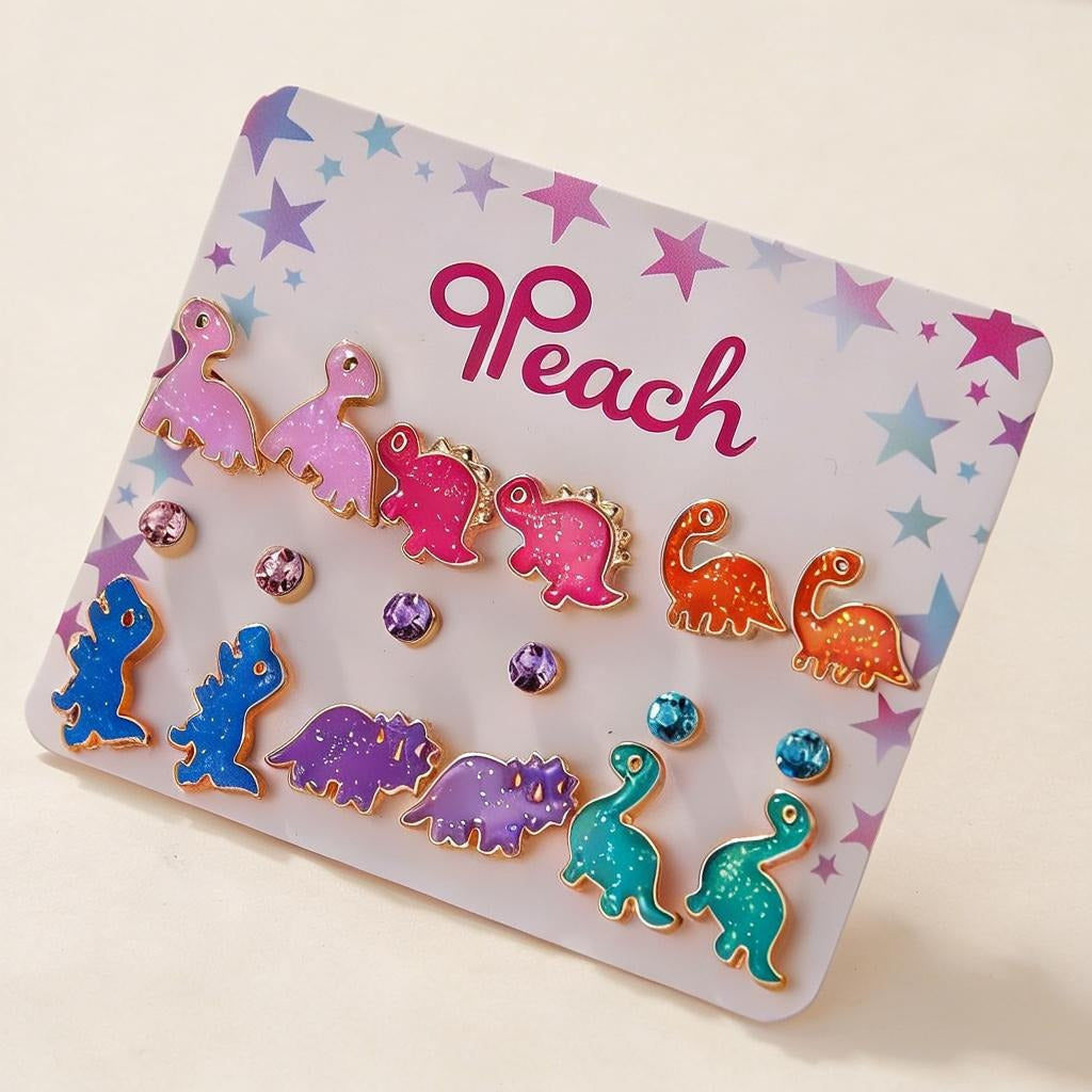 Children's Cute Cartoon Dinosaur Alloy Colorful Ear Stud Earrings
