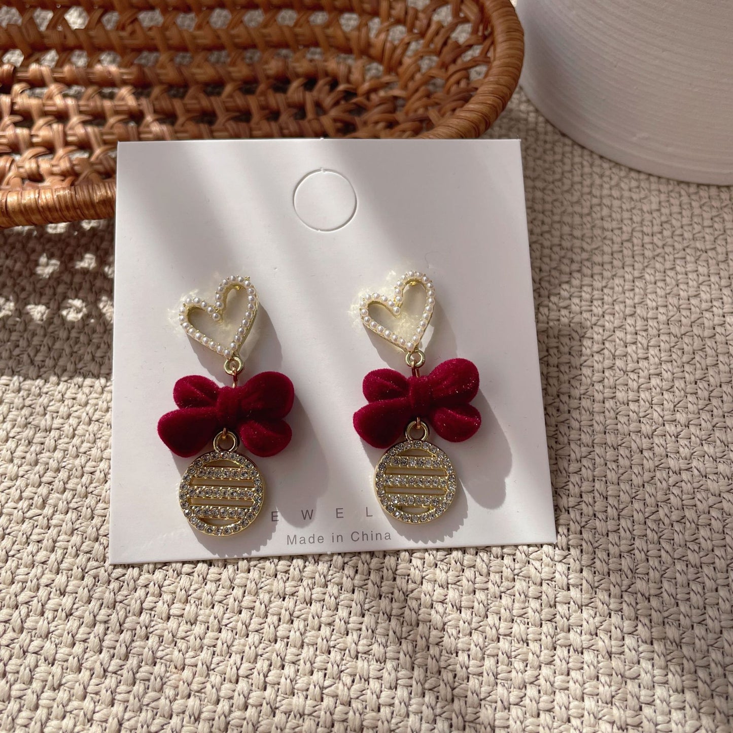 Bridal Red Veet Bow Heart Pearl Toast Earrings