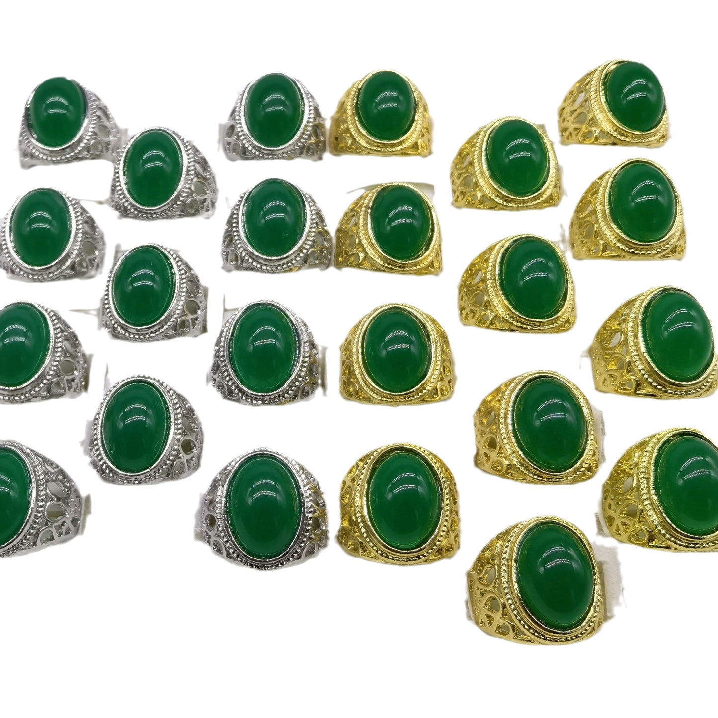 Men's Imitation Gold Green Agate Gemstone Live Streaming Welfare Rings