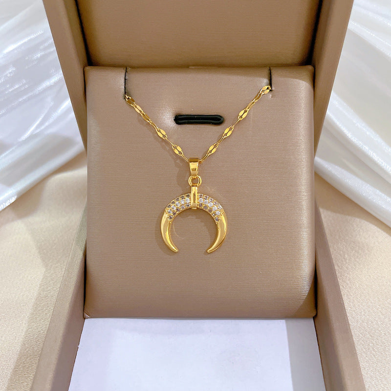 Titanium Steel Light Luxury Moon Full Diamond Design Temperament Necklaces