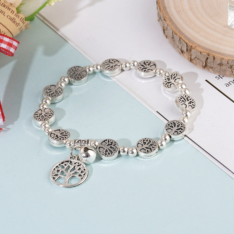 Women's Vintage Sier Beaded Lucky Tree Alloy Bell Mori Style Bracelet