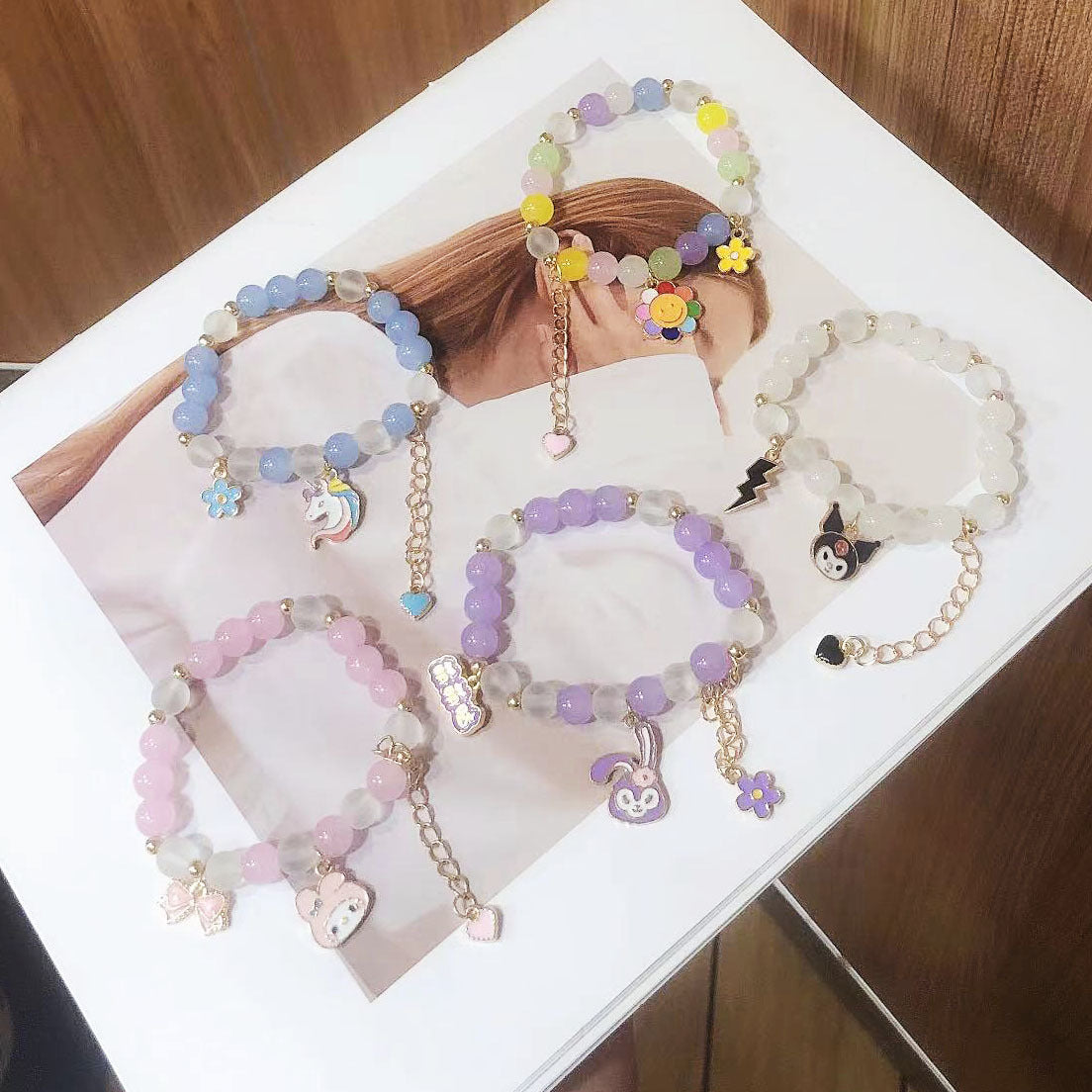 Simple Cartoon Jade Color Beaded Handmade Alloy Bracelet